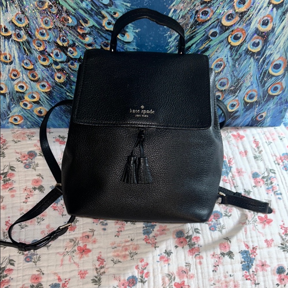 Kate Spade Black Pebbled Leather Mini Backpack with Tassels